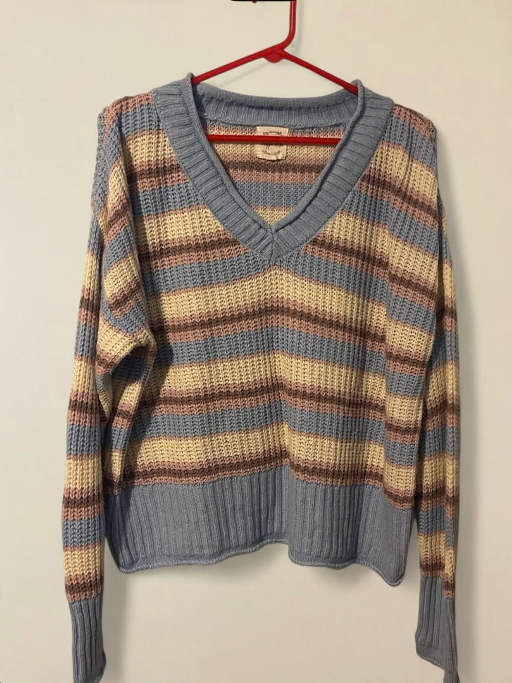 Hippie Rose Striped V-Neck Sweater in Light Blue, Cream & Brown